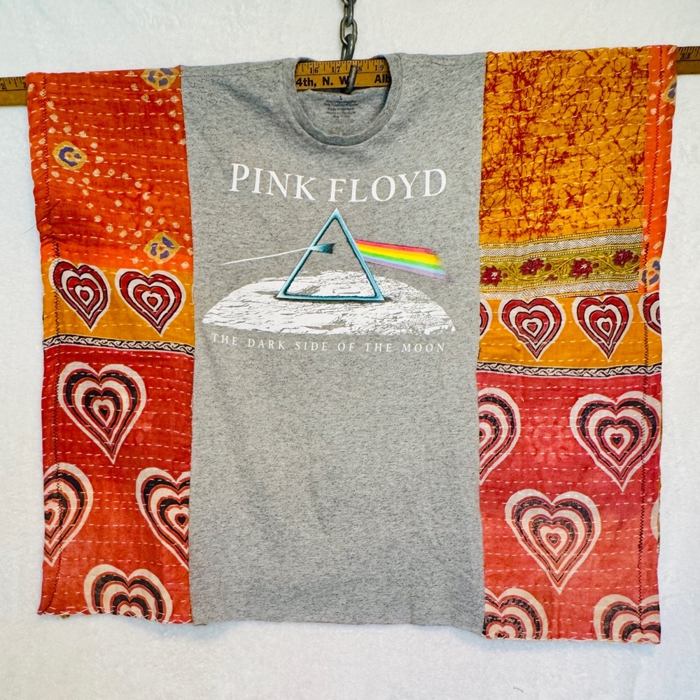 Gray Pink Floyd Graphic Poncho T with Red and Orange Kantha Patchwork sleeves.